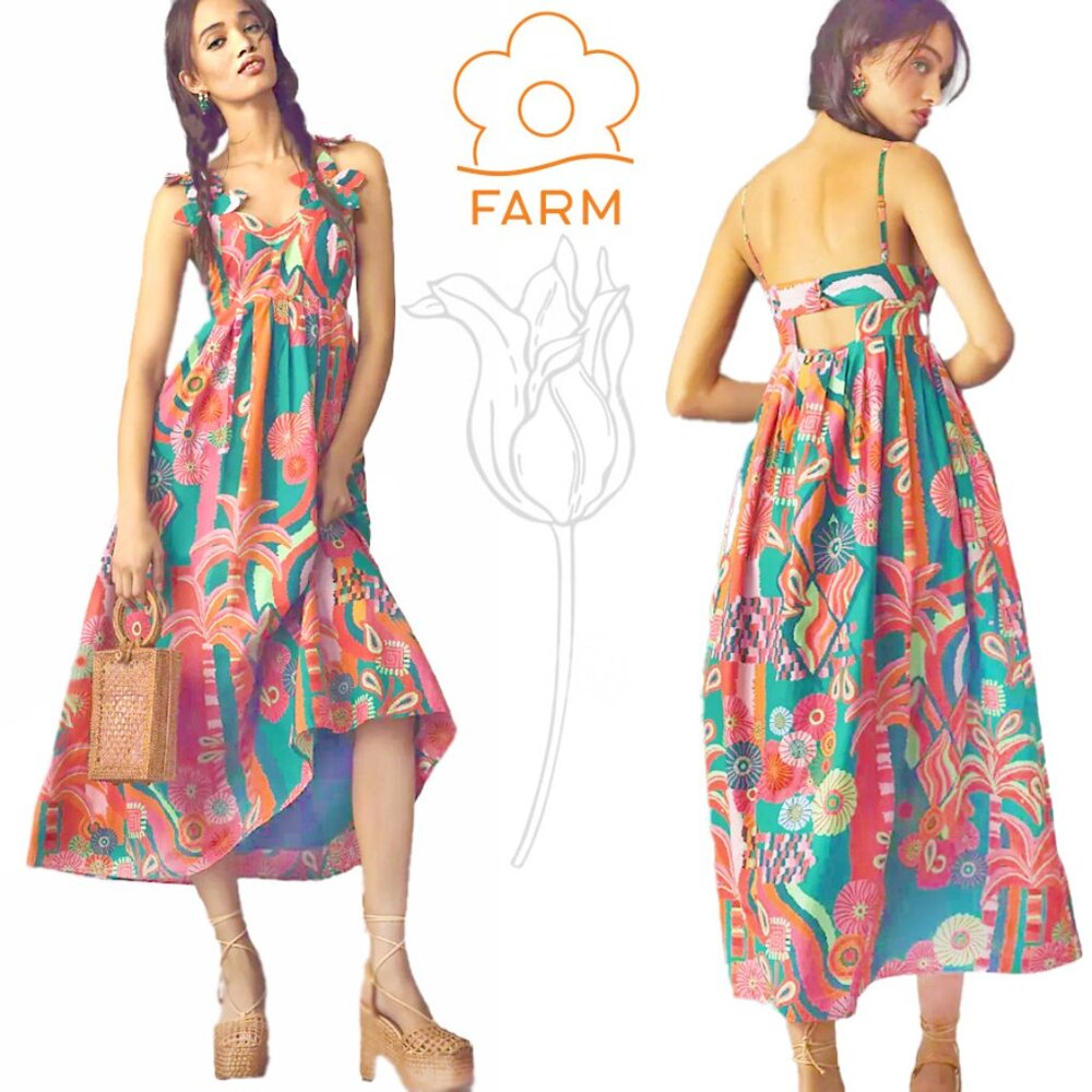 Farm Rio x Anthropologie Pleated Palm Midi Dress NWOT